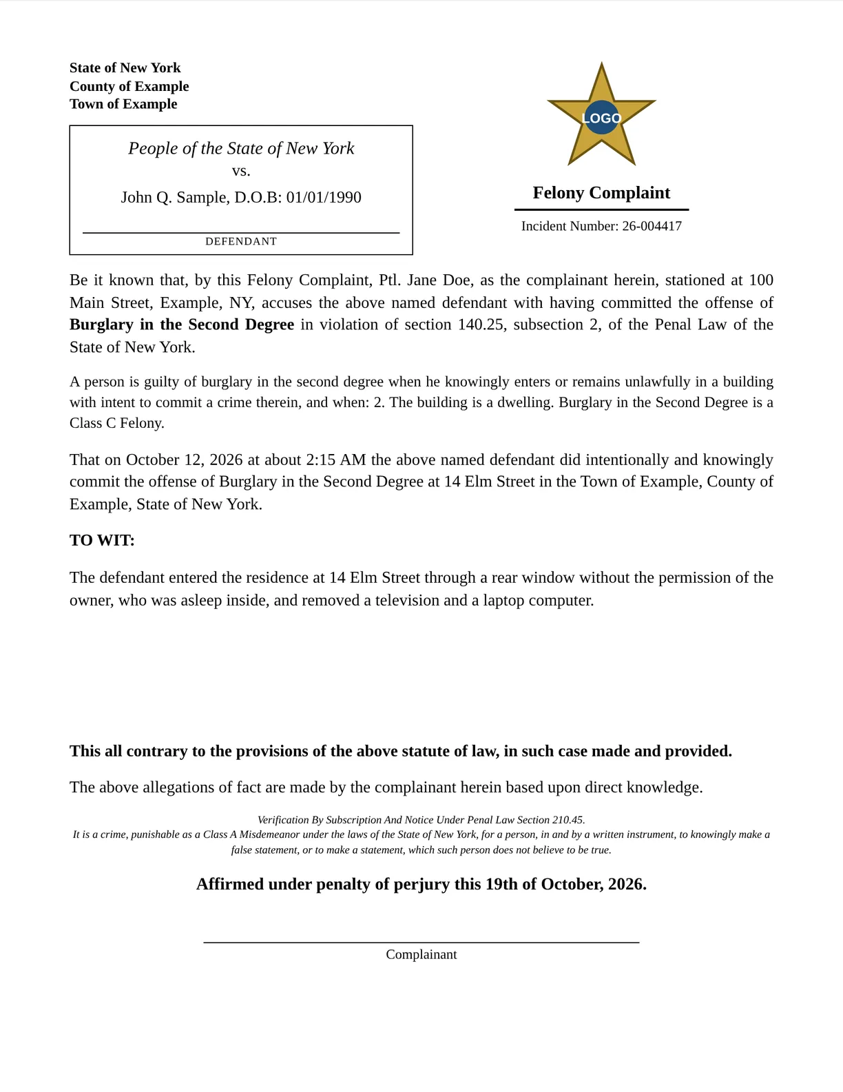 A sample Felony Complaint generated by LEO Document Assistant, charging Burglary in the Second Degree under Penal Law section 140.25, subsection 2, with fictional names and facts.